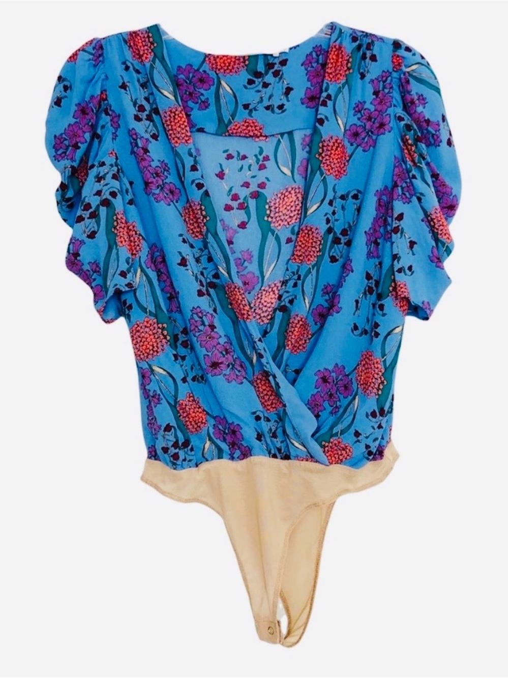 ASTR The Label Aspect Floral Bodysuit Bluebell Puff Sleeve Surplice Blouse